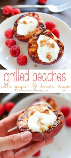 Don't put away that grill after dinner! Throw some peaches on and let them caramelize with brown sugar, then fill them with yogurt. This healthy & easy grilled peaches dessert will blow your mind! #truvia #ad