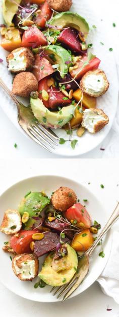 
                    
                        Beet, Avocado and Fried Goat Cheese Salad with pistachios for crunch | foodiecrush.com
                    
                