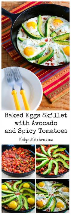 Baked Eggs Skillet with Avocado and Spicy Tomatoes for a special breakfast; KalynsKitchen.com