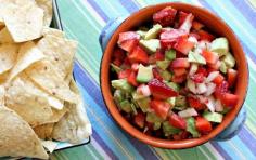Strawberry Avocado Salsa 1 cup finely diced fresh strawberries 1 cup finely diced avocado (1 medium) 1/2 cup finely chopped sweet onion 2 tsp freshly squeezed lime juice 2 tsp finely chopped jalapeño, seeds and ribs removed Tortilla chips, for dipping Combine all of the ingredients (except tortilla chips) in a medium bowl. Serve immediately with the tortilla chips. Serves 4.