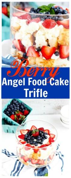 
                    
                        Berry Angel Food Cake Trifle - Angel food cake with fresh strawberries, blueberries and whipped cream makes a beautiful summer dessert with only 5 ingredients. Low sugar, whole real ingredients.
                    
                