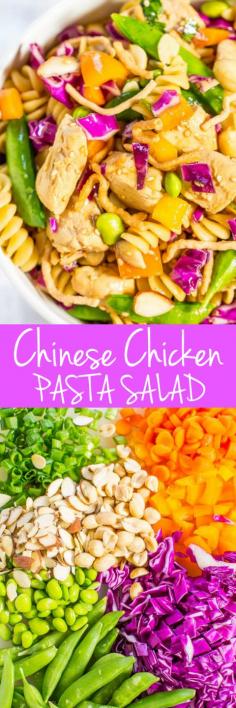 Chinese Chicken Pasta Salad - Big juicy chicken chunks and texture galore from the rainbow of crispy veggies! Fast, easy, fresh and healthy!! Great for picnics, potlucks, and easy dinners!!