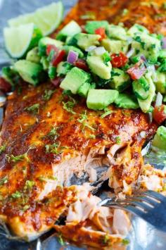 #avocado, Chipotle Lime Salmon with Avocado Salsa #salmon,