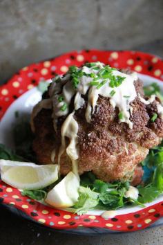 Whole Fried Cauliflower with Tahini Lemon Sauce  #glutenfree #healthy #food