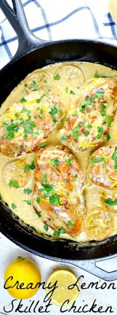 Creamy Lemon Skillet Chicken. This is a great skillet recipe thats quick and easy enough for a weeknight meal and special enough to serve to company! The sauce is so delicious, you should think of doubling it!!! #maincourse #recipe #dinner #lunch #recipes