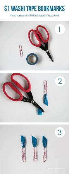 DIY washi tape bookmarks on I Heart Nap Time ...super easy and inexpensive! @Ruth Gavin  Forget the ribbon... the craft just got easier!