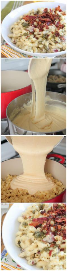 Bacon Pesto Mac and Cheese--made this with the mac n cheese recipe on this board and then added the bacon and pesto & cooked up chicken and onions and mixed it all together. YUM.