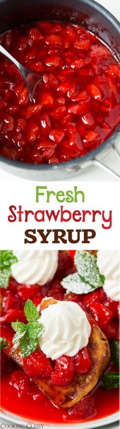 
                    
                        Fresh Strawberry Syrup - this syrup is AMAZING! I love that it's not too sweet. It's perfect for pancakes, waffles, french toast, ice cream or oatmeal!
                    
                