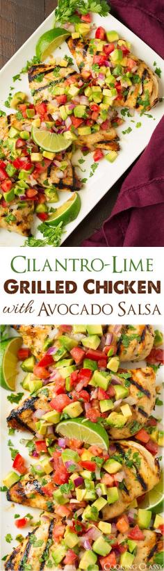 Grilled Cilantro Lime Chicken with Avocado Salsa Chicken boneless skinless chicken breast halves lime zest lime juice olive oil honey cilantro garlic avocados Roma tomatoes red onion