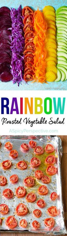 
                    
                        RAINBOW Roasted Vegetable Salad with Fresh and Sweet Roasted Veggies topped with Pesto Vinaigrette!
                    
                