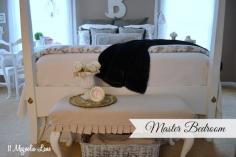 Soothing master bedroom in dark gray/brown and whites.  Also covers how to thin chalk paint to use in a paint sprayer and spray furniture.  This post used Annie Sloan's Pure White, but it would work with other brands of chalk paint.