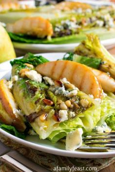 
                    
                        Grilled Romaine Hearts with Pears and Bleu Cheese - An incredible salad that will make your tastebuds dance!
                    
                