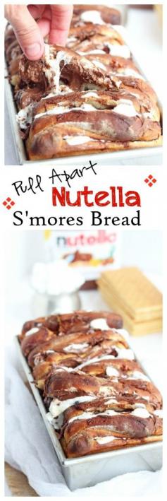 
                    
                        Pull Apart Nutella Smores Bread -- Sweet bread stuffed with marshmallows and Nutella, perfect for every party | gatherforbread.com
                    
                