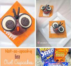 Not-So-Spooky Easy Owl Cupcakes. You just need some Oreos and some Reeces Pieces to make this cuteness happen.