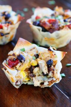 Make these fun Southwestern Chicken Cups using Wonton Wrappers in a Muffin Tin! Great for using up leftover rotisserie chicken or boneless, skinless chicken breasts.