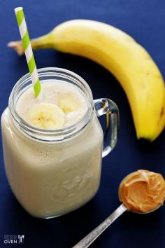 Peanut Butter Banana Smoothie Recipe | gimmesomeoven.comYield: 2 servings Peanut Butter Banana Smoothie You'll love this peanut butter banana smoothie!! It's easy to make, and packed with protein-rich ingredients that will give you lots and lots of energy. Prep: 5 mins Total: 5 mins Ingredients: •1 large banana, peeled •1 cup ice cubes •1/2 cup almond milk •1/4 cup Greek yogurt •1 heaping Tbsp. peanut butter •1/2 tsp. vanilla extract