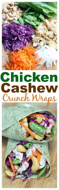Wrap includes chicken, cashews and snap peas in a delicious vinaigrette! Recipe on TastesBetterFromScratch.com