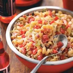 BLT Macaroni Salad Recipe -   1/2 cup mayonnaise 3 tablespoons chili sauce 2 tablespoons lemon juice 1 teaspoon sugar 3 cups cooked elbow macaroni 1/2 cup chopped seeded tomato 2 tablespoons chopped green onions 3 cups shredded lettuce 4 bacon strips, cooked and crumbled