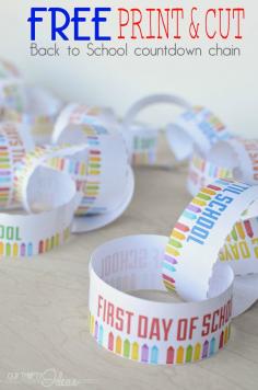 FREE Print & Cut Back to School countdown chain. Let your kids get excited about BTS by putting together this chain leading up to the first day of school. Printable has each day up to 45 days til school, and even a few blank ones.