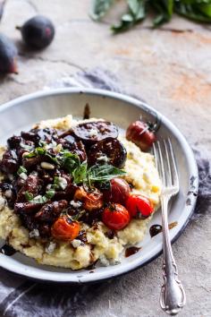 Balsamic Fig Glazed Pork w/ Blistered Cherry Tomatoes and Creamy Gorgonzola Polenta