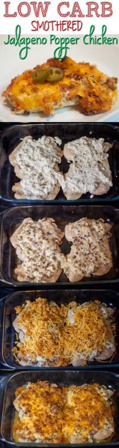 Low Carb Smothered Jalapeno Popper Chicken Recipe: Ingredients 6 Boneless, Skinless Chicken Breast salt and pepper to taste For the Jalapeno Popper Layer 5 slices of bacon, diced 1/4 cup jalapeno slices, diced (the kind in the jar that you put on nachos) 1/4 cup diced onion 1 (8 oz) package cream cheese, softened 1/2 cup mayonnaise 1 cup shredded cheddar cheese 1/2 cup Kraft grated Parmesan For the Topping 1 bag of crushed Pork Skins 1/2 cup Kraft grated Parmesan Cheese 4 TBSP butter, melted
