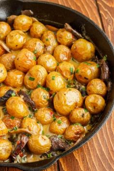 Roasted baby potatoes in a homemade mushroom cream sauce recipe