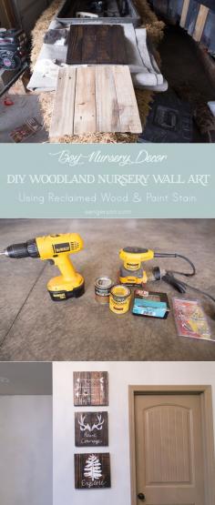 DIY reclaimed wood plank art and wall decor for a rustic nursery and woodland themed nursery. Be Brave, have Courage, and Explore art work with arrows, antlers, and a pine tree. Directions show how to stain in a dark wood color and what to use to hand paint on the wood. The writing/ artwork is hand painted on in an antique white or pure white. If you have all of the tools, it should be less than a $25 project! - from www.sengerson.com.