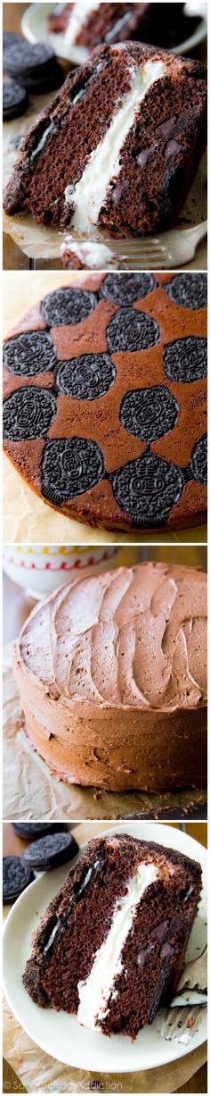 OREO CAKE! A rich double chocolate layer cake with two layers of Oreo cookies inside, a thick cream filling, chocolate buttercream, and an Oreo cookie crumb coating. @jemblackwell