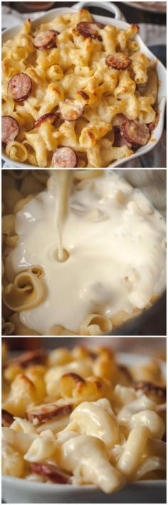 The creamiest mac and cheese you will ever make with kielbasa sausage. Basically an upgraded mac+ cheese w/ hot dogs!