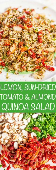 2 Tbl olive oil extra-large yellow onion diced 1 cup quinoa (I use tri-colored) 1 1/4 cups water 2 tablespoons apple cider vinegar 2 tablespoons lemon juice (zest the lemon before juicing it) 1 tsp salt, or to taste 1/2 teaspoon pepper, or to taste 1/2 cup sun-dried tomatoes (about 3 ounces), sliced thinly (I use dry rather than oil-packed but oil-packed may be drained and substituted) 1/2 cup chopped flat-leaf parsley 1/2 cup Fisher Natural Sliced Almonds 1 teaspoon lemon zest, or to taste