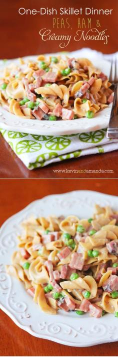 Peas, Ham, and Noodle Skillet.  One-Dish Skillet Dinner! Perfect for busy weeknights.