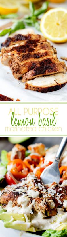 I love easy marinated chicken recipes. I will make up several bags to freeze and then pull out a couple of hours before dinner. Grill and serve! Quick and easy All Purpose Lemon Basil Chicken perfect to toss in pasta, salad, wraps, pitas, etc. I love having this on hand! #lemonchicken #basil #marinade