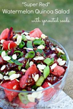 
                    
                        Super Red Watermelon Quinoa Salad with Sprouted Watermelon Seeds (secret ingredient -- beets!) thefitfork.com
                    
                