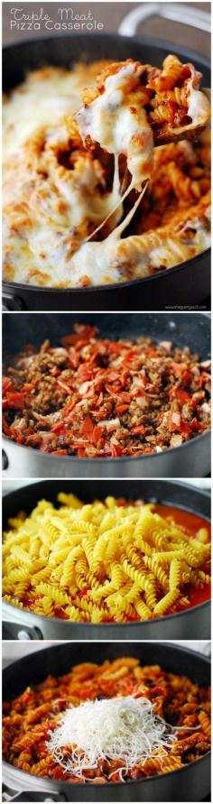 Triple Meat Pizza Casserole is a delicious one-pot dinner that can be made in 30 minutes! #30minutemeals #onepot #sponsored