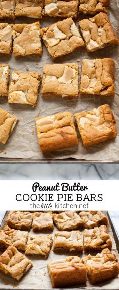 
                    
                        These bars are so easy to make...the crust is made with graham cracker crumbs & I used white chocolate Reese's butter cups! Peanut Butter Cookie Pie Bars from thelittlekitchen.net
                    
                