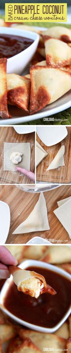 Baked Pineapple Coconut Cream Cheese Wontons - Pillows of crispy wonton outside giving way to warm, oozing, melted cream cheese inside mixed with pineapple, coconut, green onions and ginger. YUM