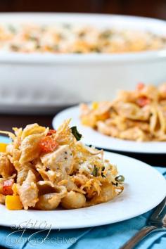 Easy buffalo chicken mac and cheese. Big hit! (Changes: subbed ranch for blue cheese dressing, Tostitos med quest for cream cheese, used Louisiana hot sauce and went light, Velveeta plus sharp shredded cheddar)