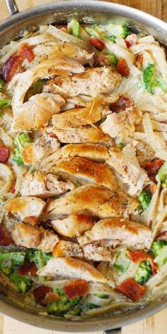 Creamy Broccoli, Chicken Breast, and Bacon Fettuccine Pasta in homemade Alfredo sauce. Easy, delicious pasta dinner!