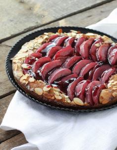Almond Poached Pear Brioche Cake with Red Wine Caramel