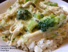 Crock Pot Cheesy Chicken & Brocolli Over Rice Recipe All I have to say is WOW! This recipe was SO easy to make and the kids just devoured it up! Creamy Crock-pot Chicken and Broccoli Over Rice 3-4 boneless chicken breasts 1 10oz can cream of chicken soup 1 10 oz can cheddar soup 1 14 oz can chicken broth ½ teaspoon salt ¼ teaspoon garlic salt seasoning 1 cup sour cream 6 cups broccoli florets, just fork tender (I cooked it in boiling water for 3-4 minutes) 1 cup sh
