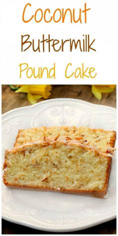 Buttermilk Coconut Pound Cake An incredibly fluffy tender buttermilk pound cake filled with toasted coconut and topped with a buttermilk milk glaze and MORE toasted coconut! Delicious !