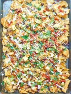 
                    
                        Kettle Chip Chicken Nachos. Jalapeno and Sea Salt Kettle Chips are piled with black beans, chicken, gooey cheese, sweet corn, dollops of sour cream, and some green chiles and jalapeños! showmetheyummy.com #nachos #chicken
                    
                