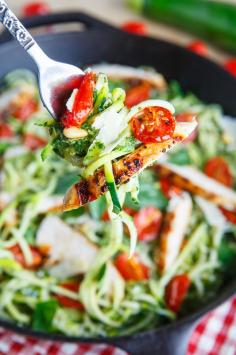 
                    
                        Pesto Zucchini Noodles with Roasted Tomatoes and Grilled Chicken
                    
                