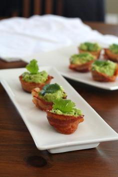 HOLY BACON GUACAMOLE! MINI BACON GUACAMOLE CUPS Guest post by Carolyn Ketchum of AllDayIDreamAboutFood.com!  Bacon cups.  Edible cups made o...