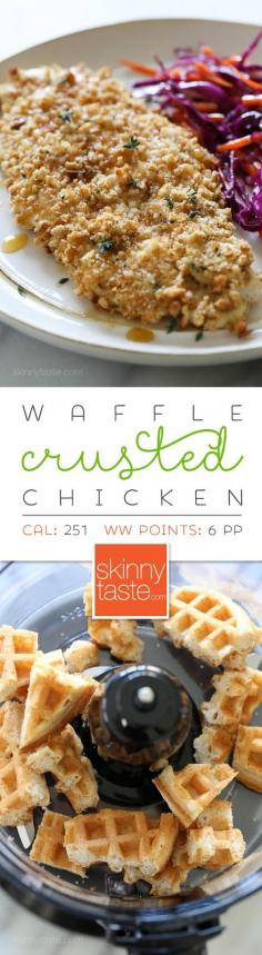 
                    
                        Waffle Crusted Chicken with Spicy Maple Sauce – a healthier twist on chicken and waffles!
                    
                