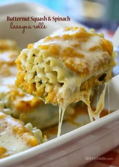 Butternut Squash and Spinach Lasagna Rolls Recipe Main Dishes with butternut squash, olive oil, shallots, garlic, grated parmesan cheese, ground black pepper, kosher salt, lasagna noodles, frozen chopped spinach, nonfat ricotta cheese, grated parmesan cheese, large eggs, salt, pepper, italian blend cheese, parsley