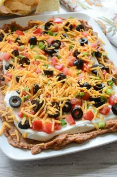 
                        
                            Layered Ranch Taco Dip - layers of refried beans, sour cream with ranch, tomato, olives, cheese, and more! No cooking involved!
                        
                    