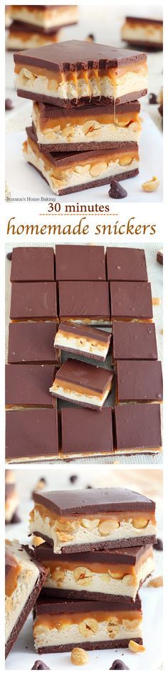 Nougat, peanuts and caramel sandwiched between two chocolate layers, these homemade snickers bars come together in 30 minutes tops! Faster than going to the store to buy some! #dessert #recipes #sweet #recipe #treat