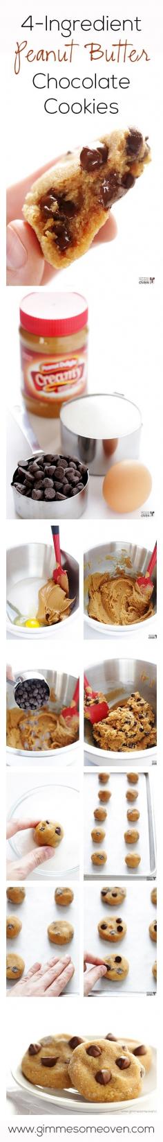 4 Ingredient Peanut Butter Chocolate Chip Cookies - gimmesomeoven.com #cookies #recipe