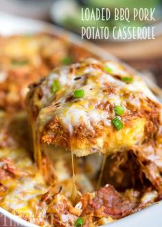 This crowd pleasing recipe is sure to be a hit at your next barbecue or picnic! This Loaded BBQ Pork Potato Casserole is so easy to make and crazy delicious. Comfort food at it's best! | MomOnTimeout.com